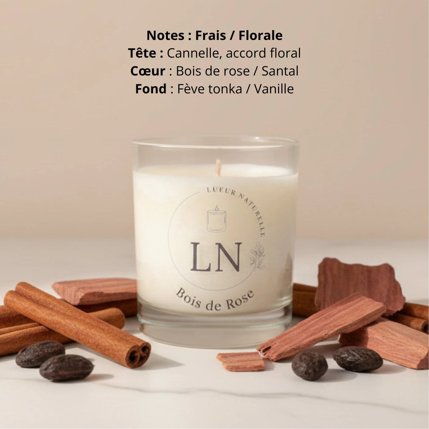 Bougie parfumée cire de soja bois de rose LN Cosmétique