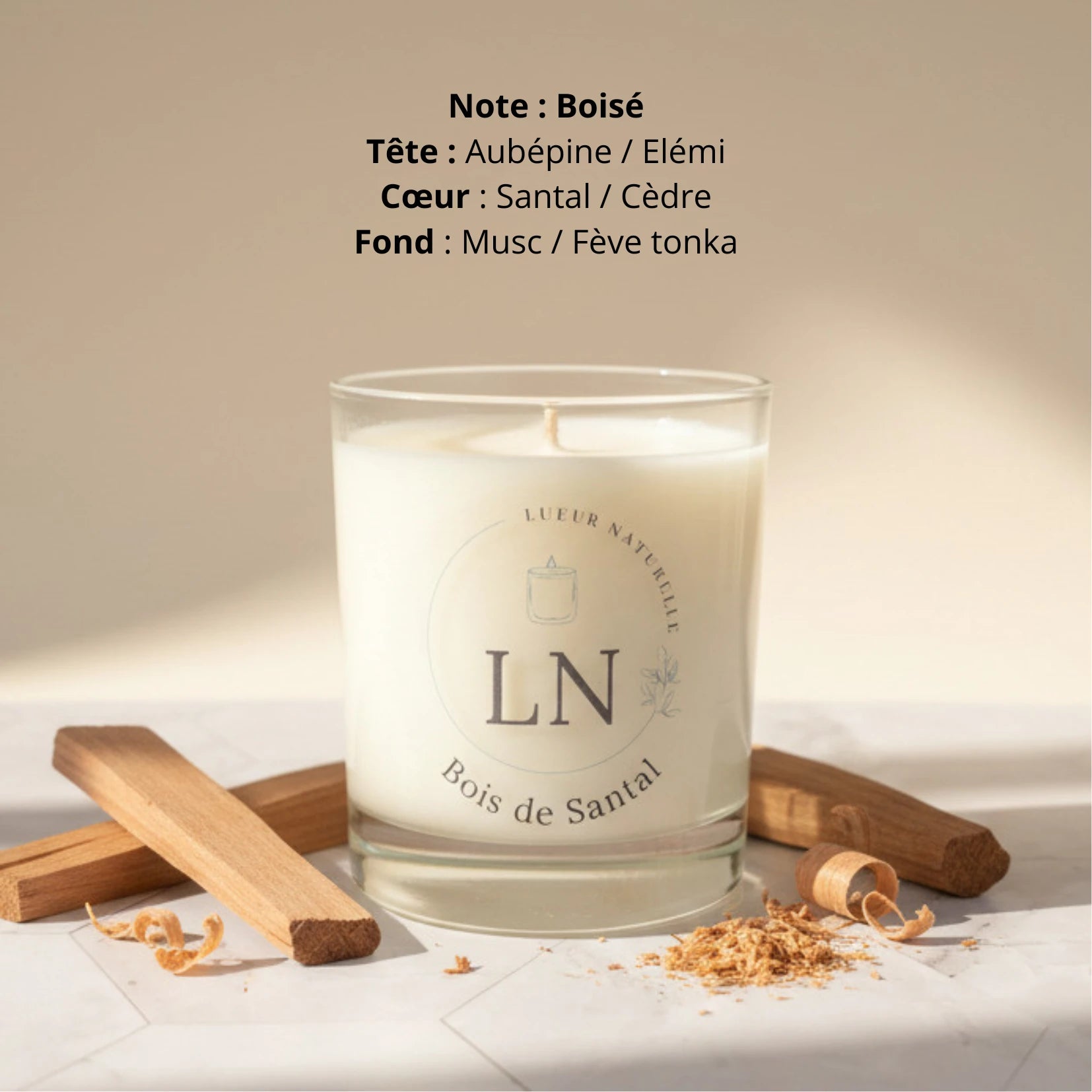 Bougie parfumée cire de soja bois de santal LN Cosmétique