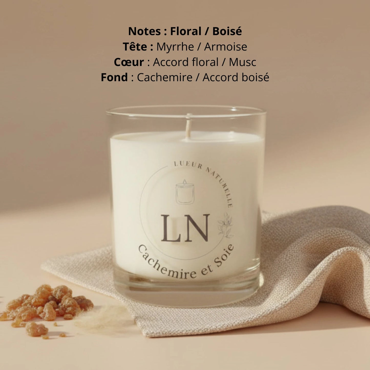 Bougie parfumée cire de soja cachemire et soie LN Cosmétique