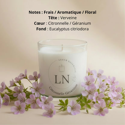 Bougie parfumée cire de soja citronnelle geranium LN Cosmétique
