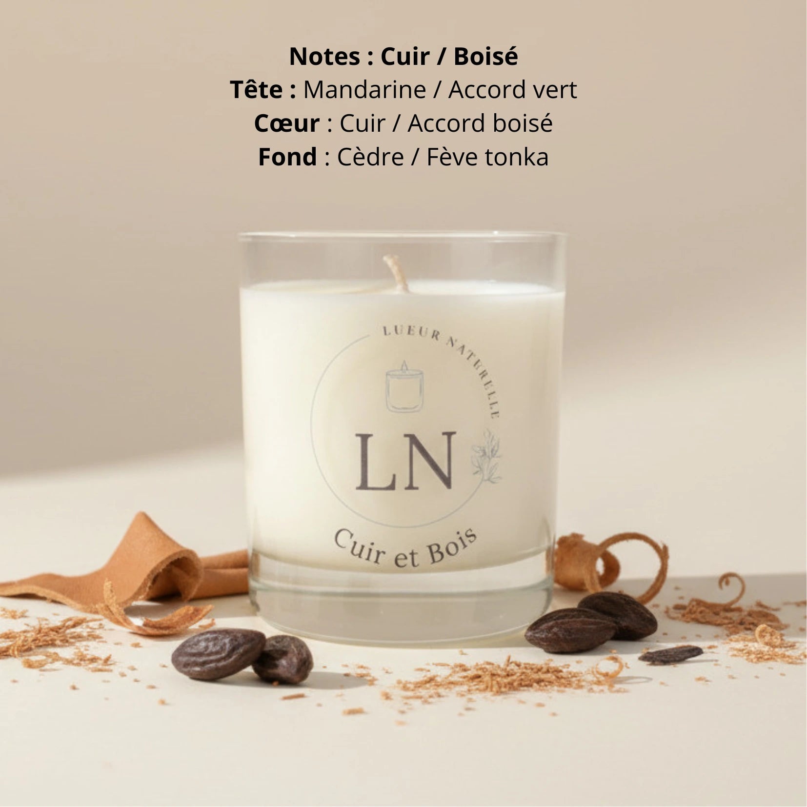 Bougie parfumée cire de soja cuir et bois LN Cosmétique