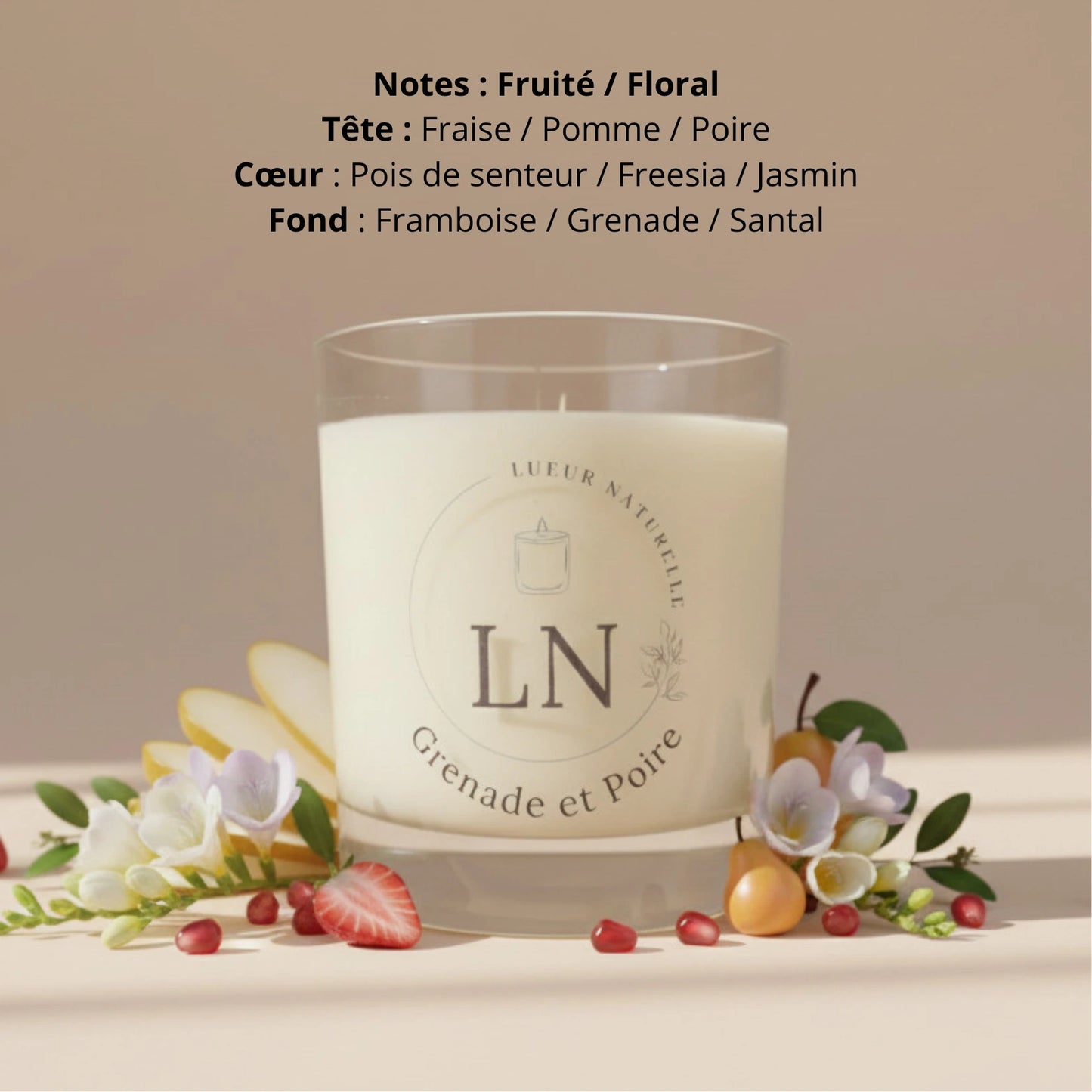 Bougie parfumée cire de soja grenade et poire LN Cosmétique