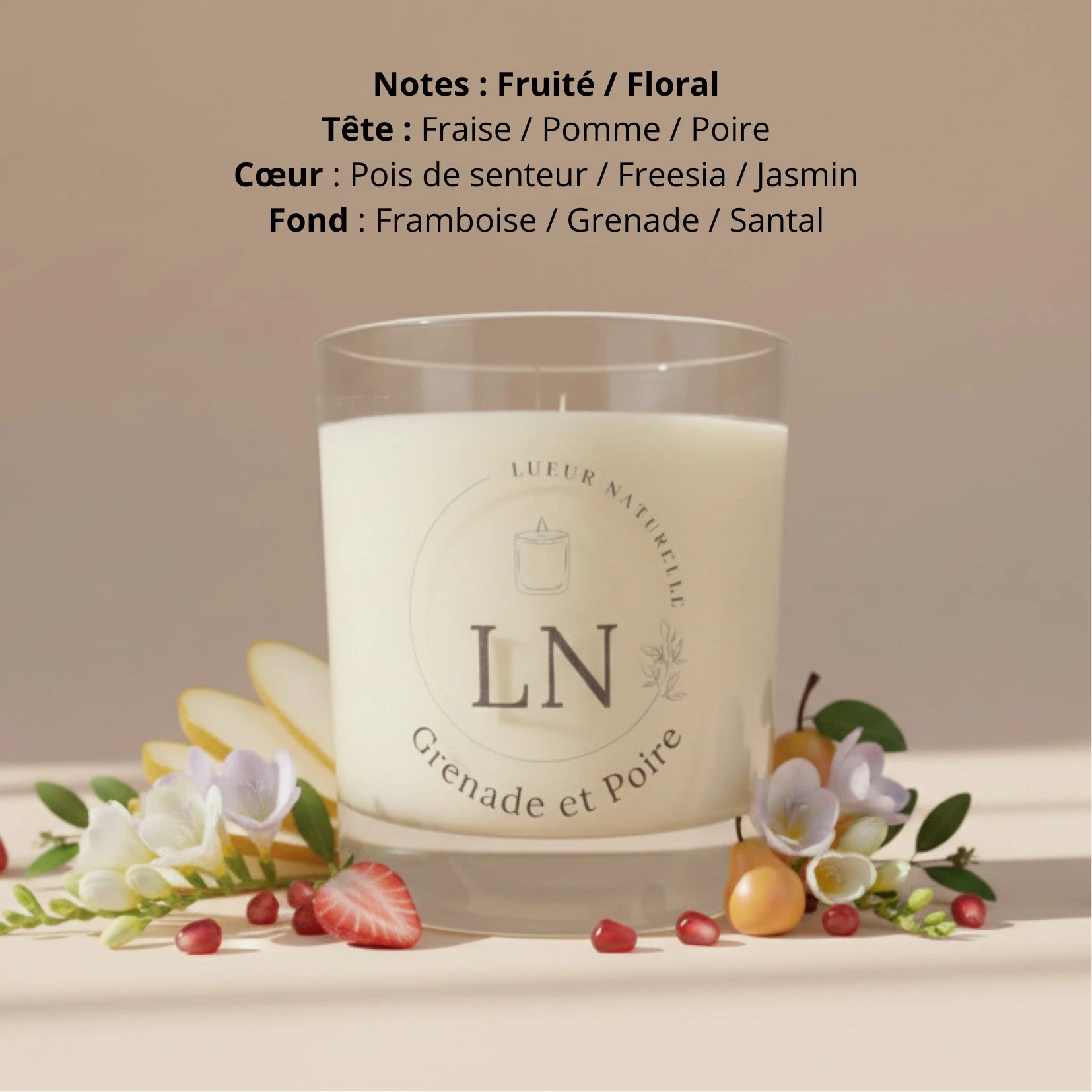 Bougie parfumée cire de soja grenade et poire LN Cosmétique