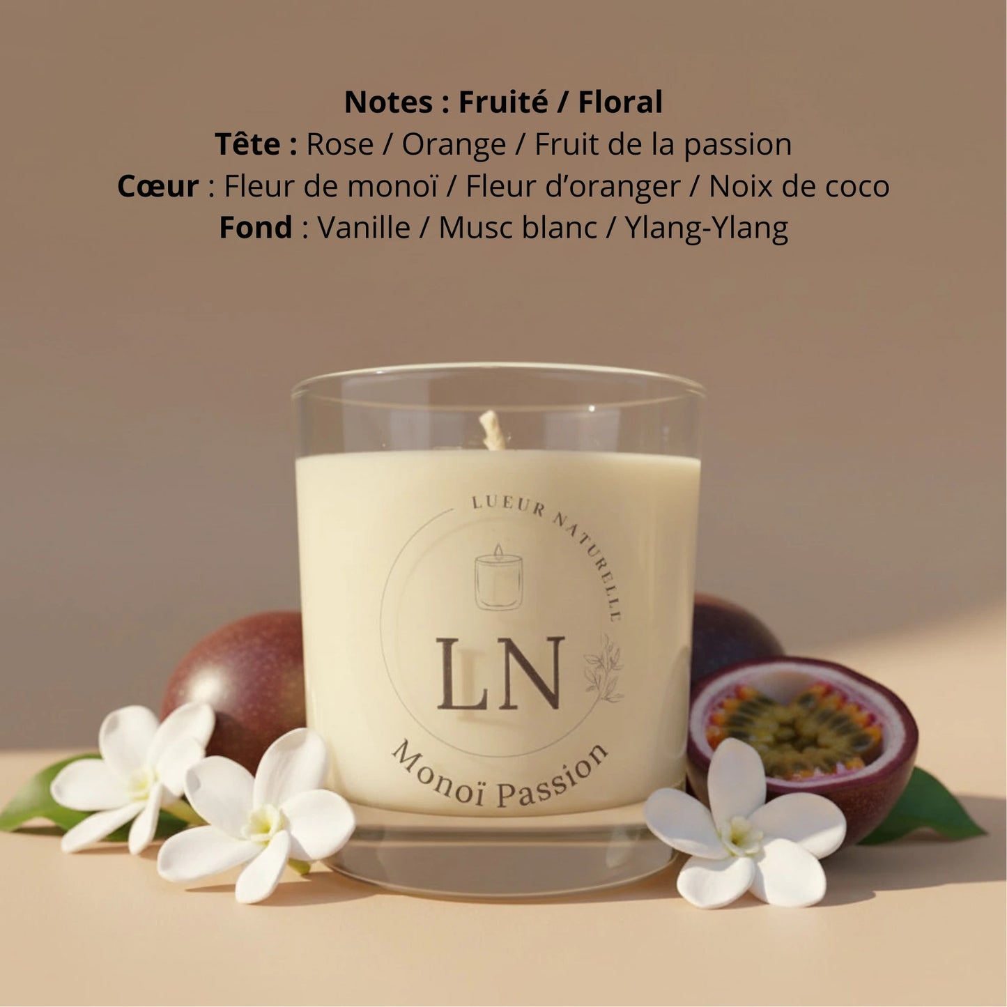 Bougie parfumée cire de soja monoï passion LN Cosmétique