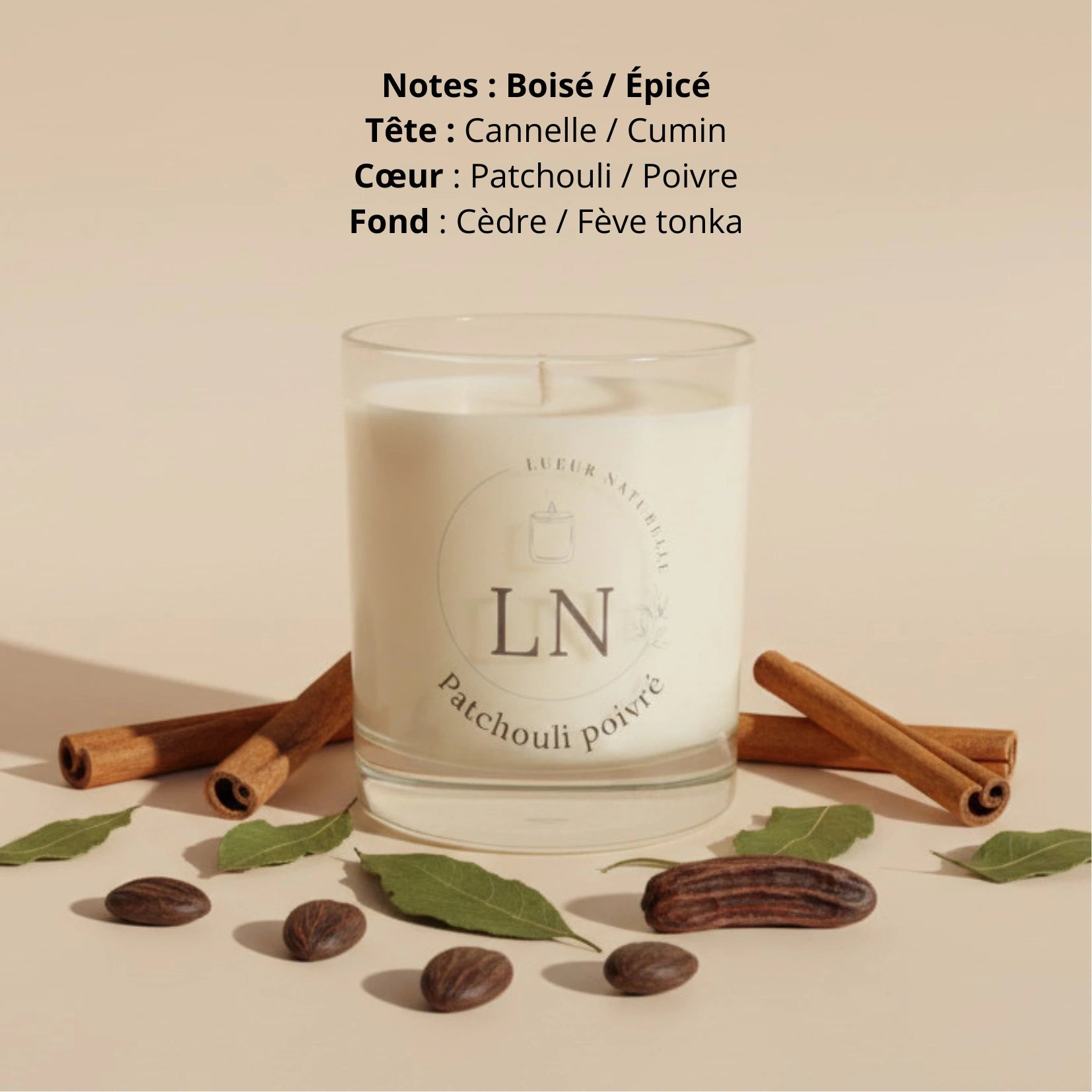 Bougie parfumée cire de soja patchouli poivré LN Cosmétique