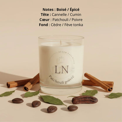 Bougie parfumée cire de soja patchouli poivré LN Cosmétique