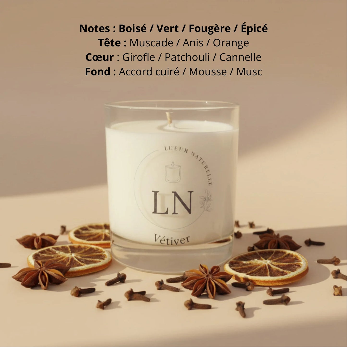 Bougie parfumée cire de soja vétiver LN Cosmétique