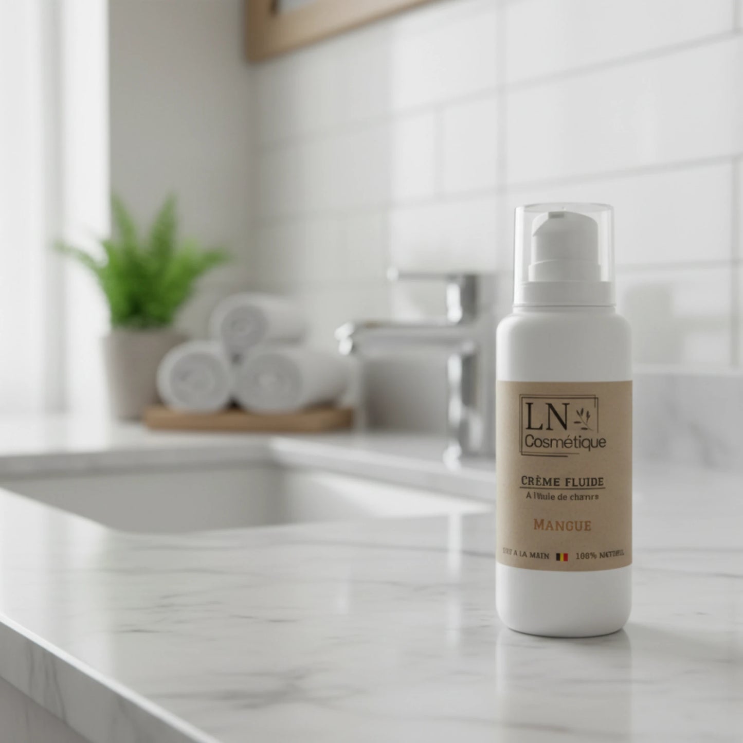 Crème hydratante huile chanvre bio contexte salle de bains LN Cosmétique