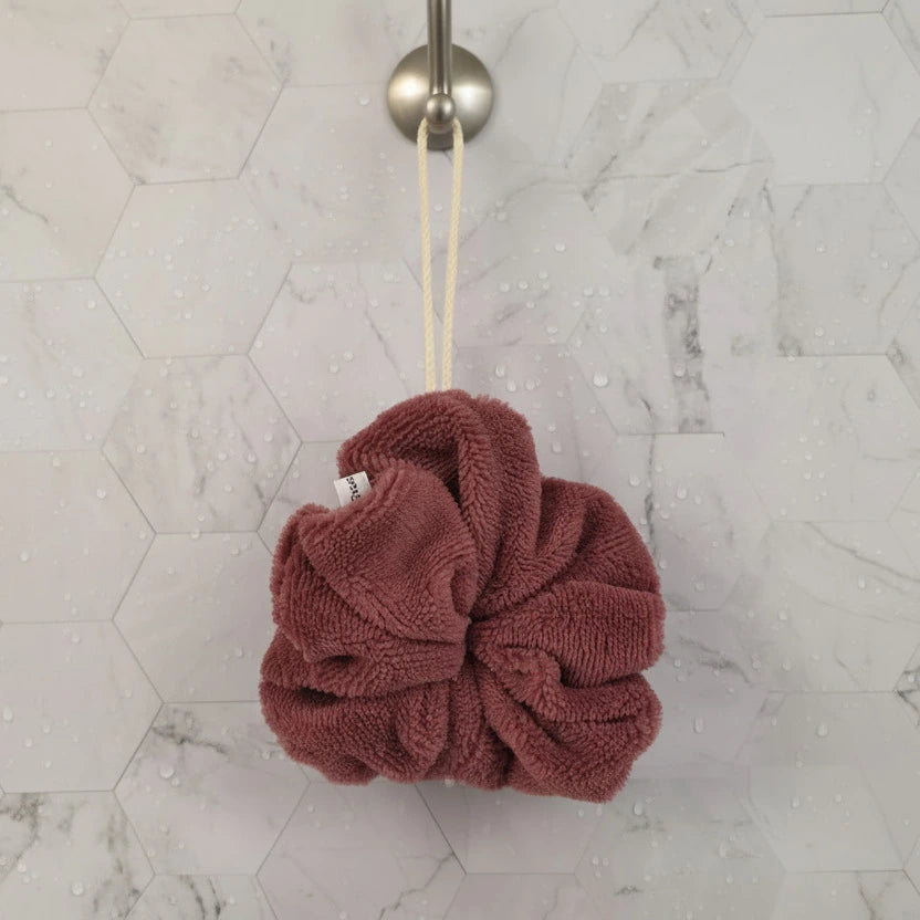 Fleur de douche bambou couleur aubergine cousue main LN Cosmétique zéro déchet