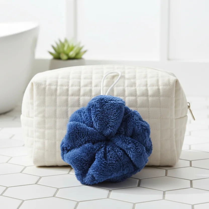 Fleur de douche bambou couleur bleu marine cousue main LN Cosmétique zéro déchet