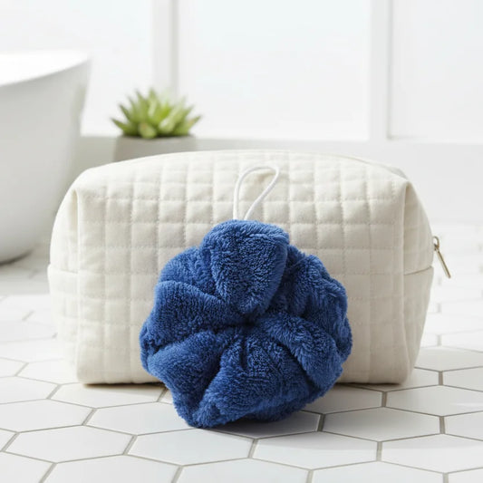 Fleur de douche bambou couleur bleu marine cousue main LN Cosmétique zéro déchet
