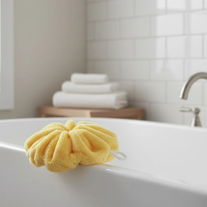 Fleur de douche bambou couleur jaune peps cousue main LN Cosmétique zéro déchet