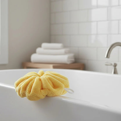 Fleur de douche bambou couleur jaune peps cousue main LN Cosmétique zéro déchet