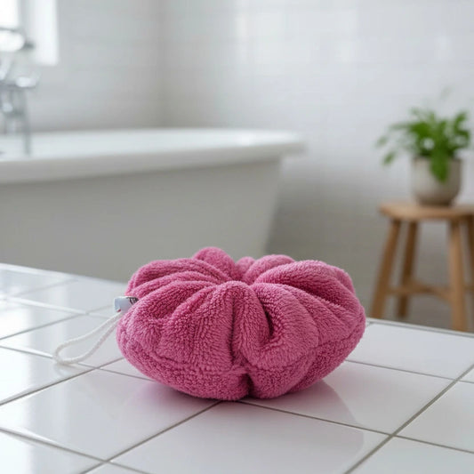 Fleur de douche bambou couleur rose bonbon cousue main LN Cosmétique zéro déchet