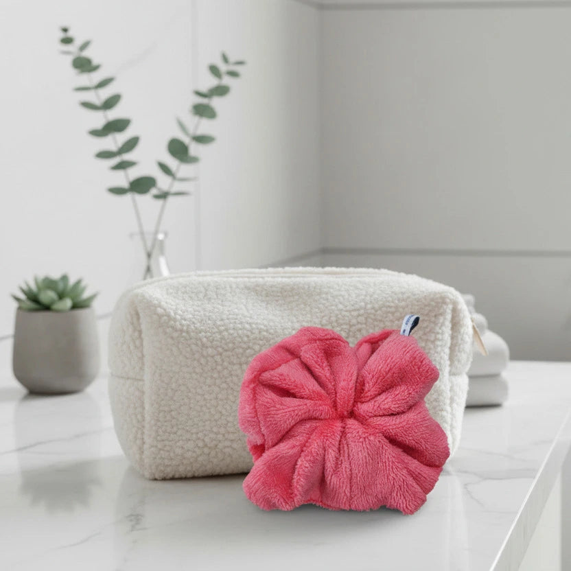 Fleur de douche bambou couleur rose corail cousue main LN Cosmétique zéro déchet