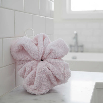 Fleur de douche bambou couleur rose tendre cousue main LN Cosmétique zéro déchet