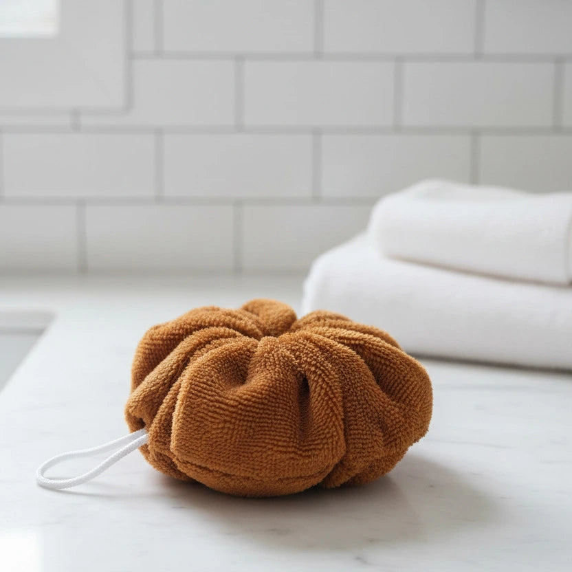 Fleur de douche bambou couleur terracotta cousue main LN Cosmétique zéro déchet