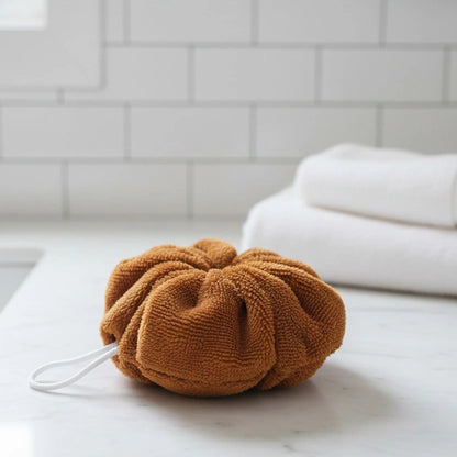 Fleur de douche bambou couleur terracotta cousue main LN Cosmétique zéro déchet